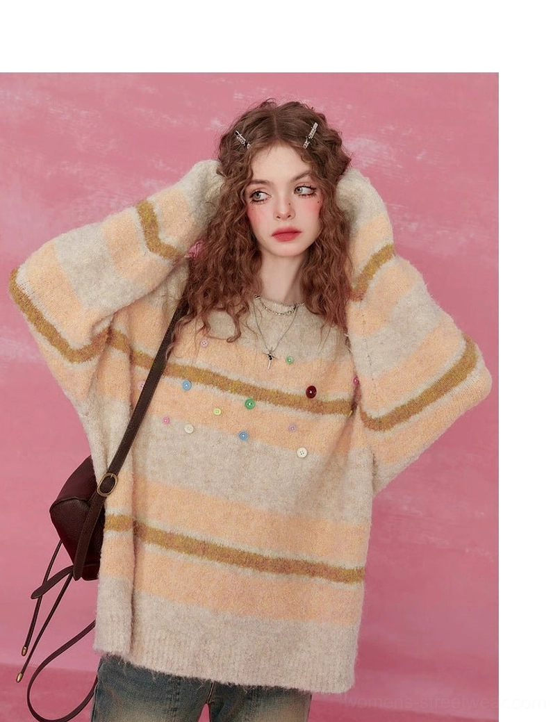 Pink striped fuzzy knit sweater with multicolor decorative buttons fashion detail product image