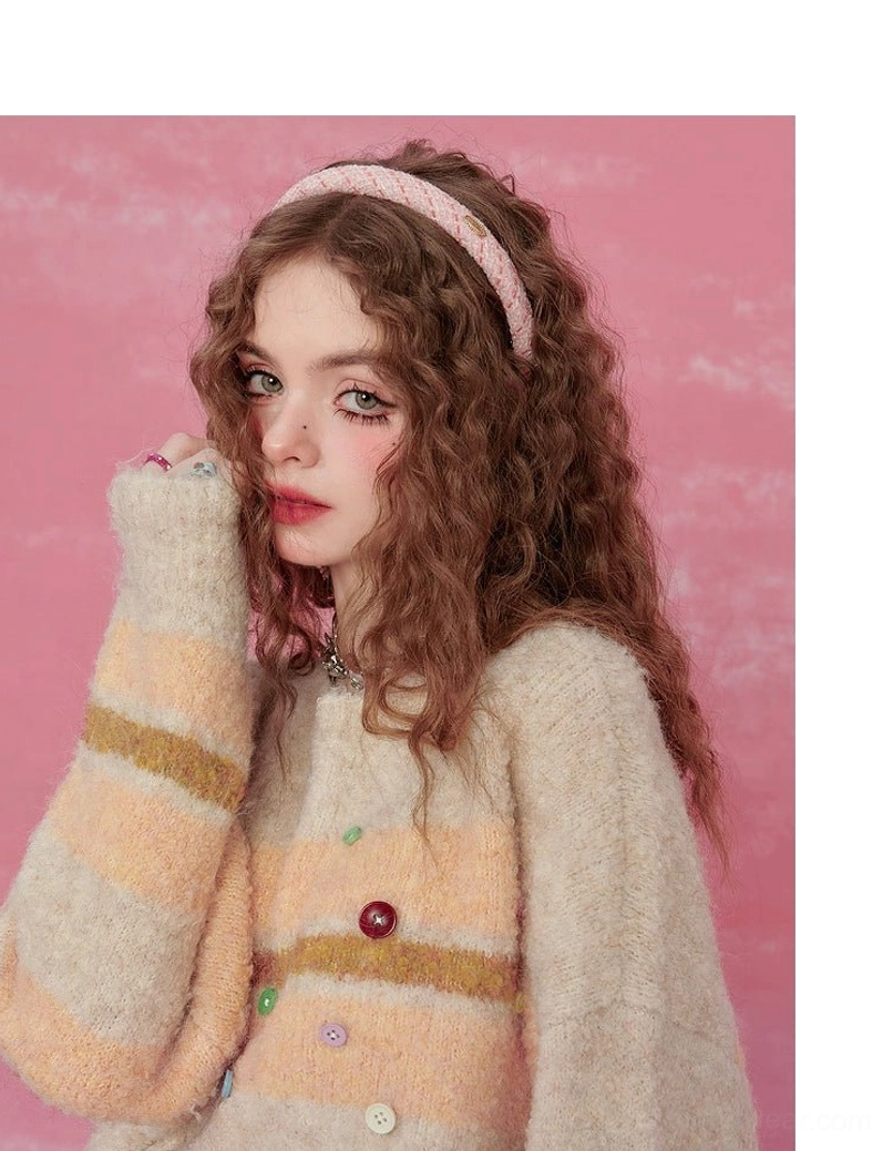 Pink striped fuzzy knit sweater colorful button design for fall winter Korean fashion styling