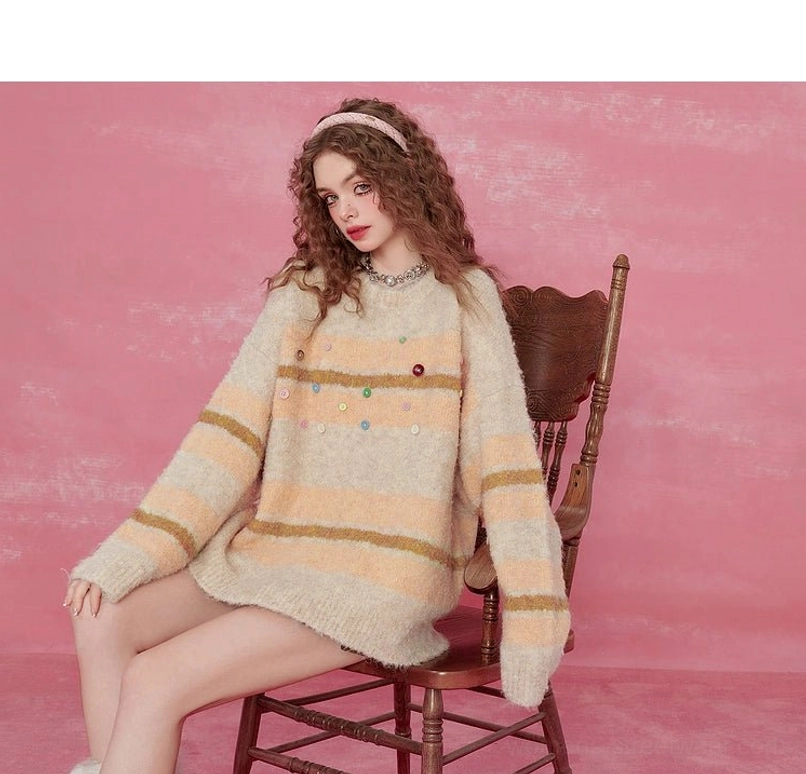 Pink striped fuzzy knit sweater with colorful buttons for Japanese-inspired girly streetwear