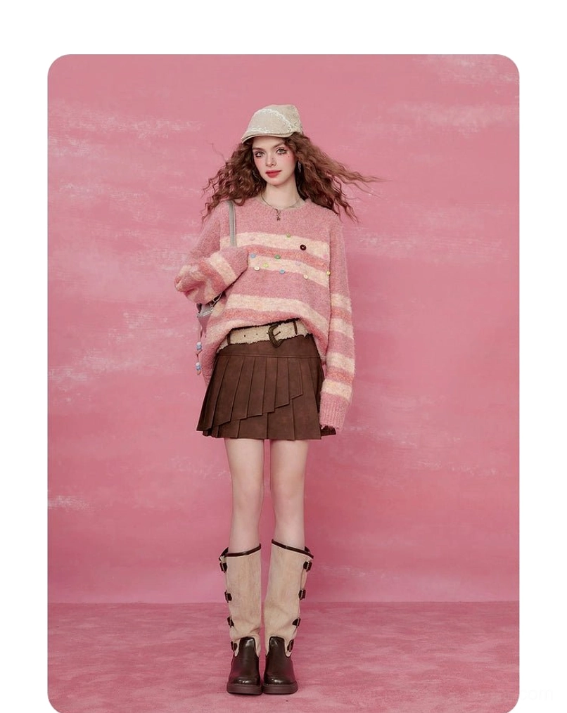 Pink striped fuzzy knit sweater with colorful buttons styled with brown mini skirt and beige knee-high boots