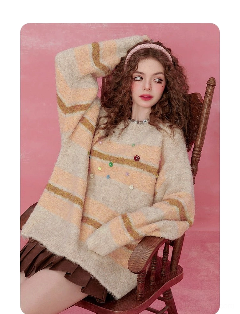 Pink striped fuzzy knit sweater oversized Korean streetwear layering piece product image