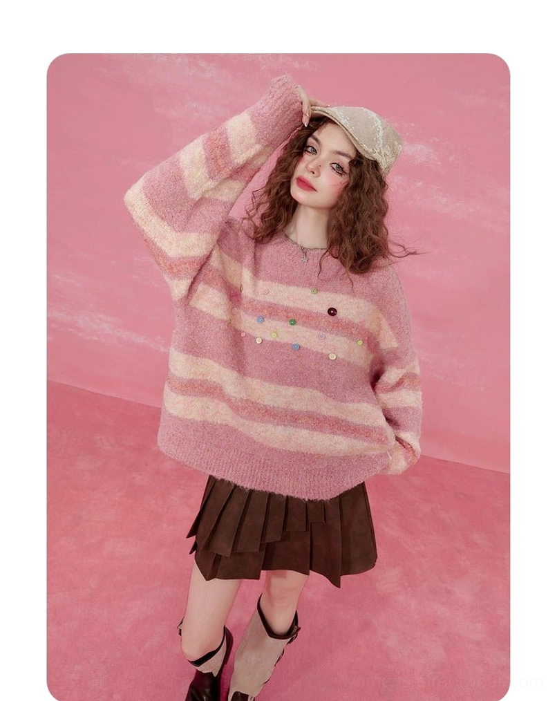 Pink striped fuzzy knit sweater with colorful buttons Korean-inspired streetwear product view