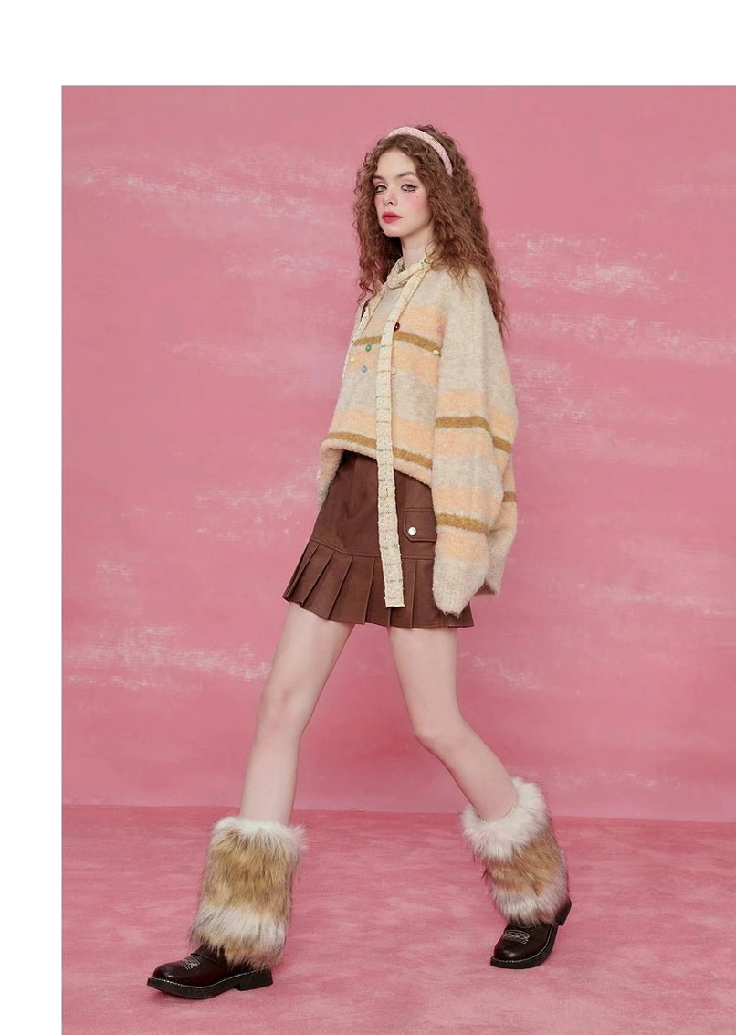 Pink striped fuzzy knit sweater relaxed fit sweater for Korean streetwear and sweet Y2K outfits