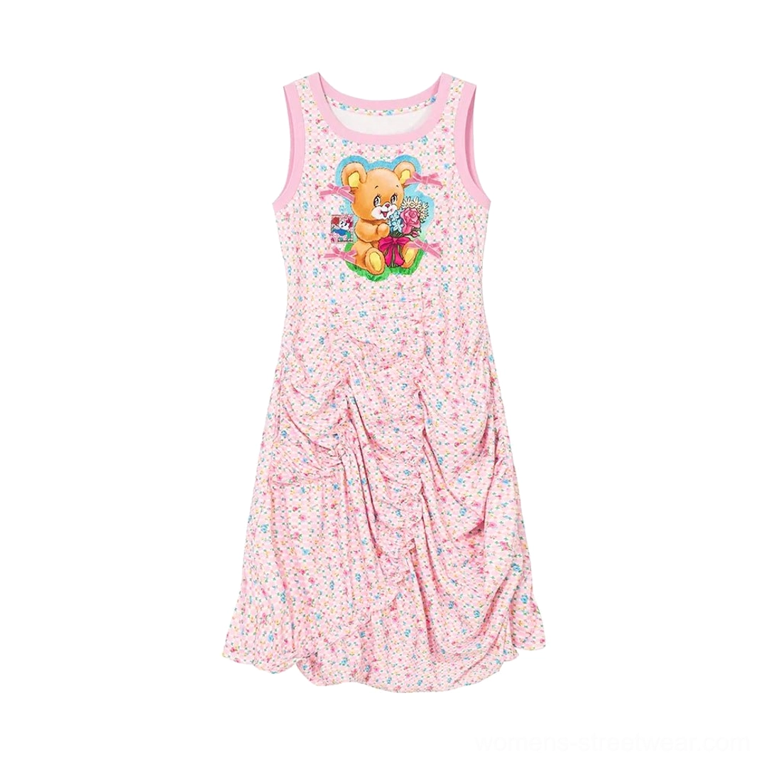 Flat lay front view of pink teddy bear floral sleeveless ruched pinafore midi dress with contrast neckline trim