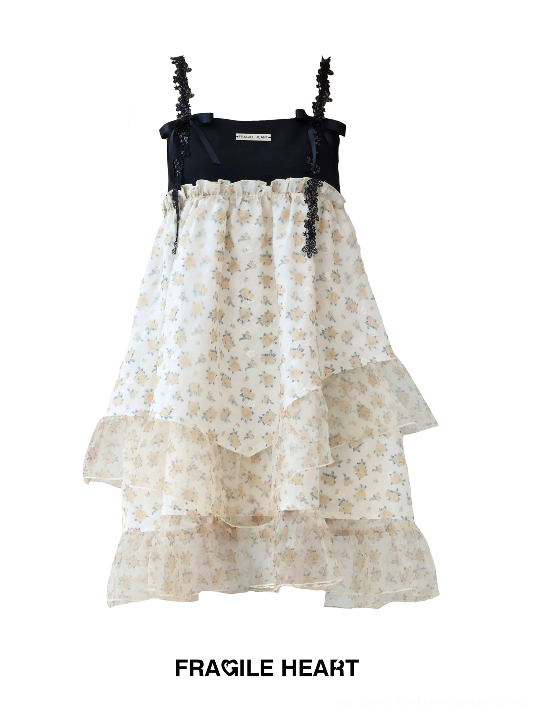 Pink watercolor floral cake dress with delicate bows and feminine layered tulle streetwear styling