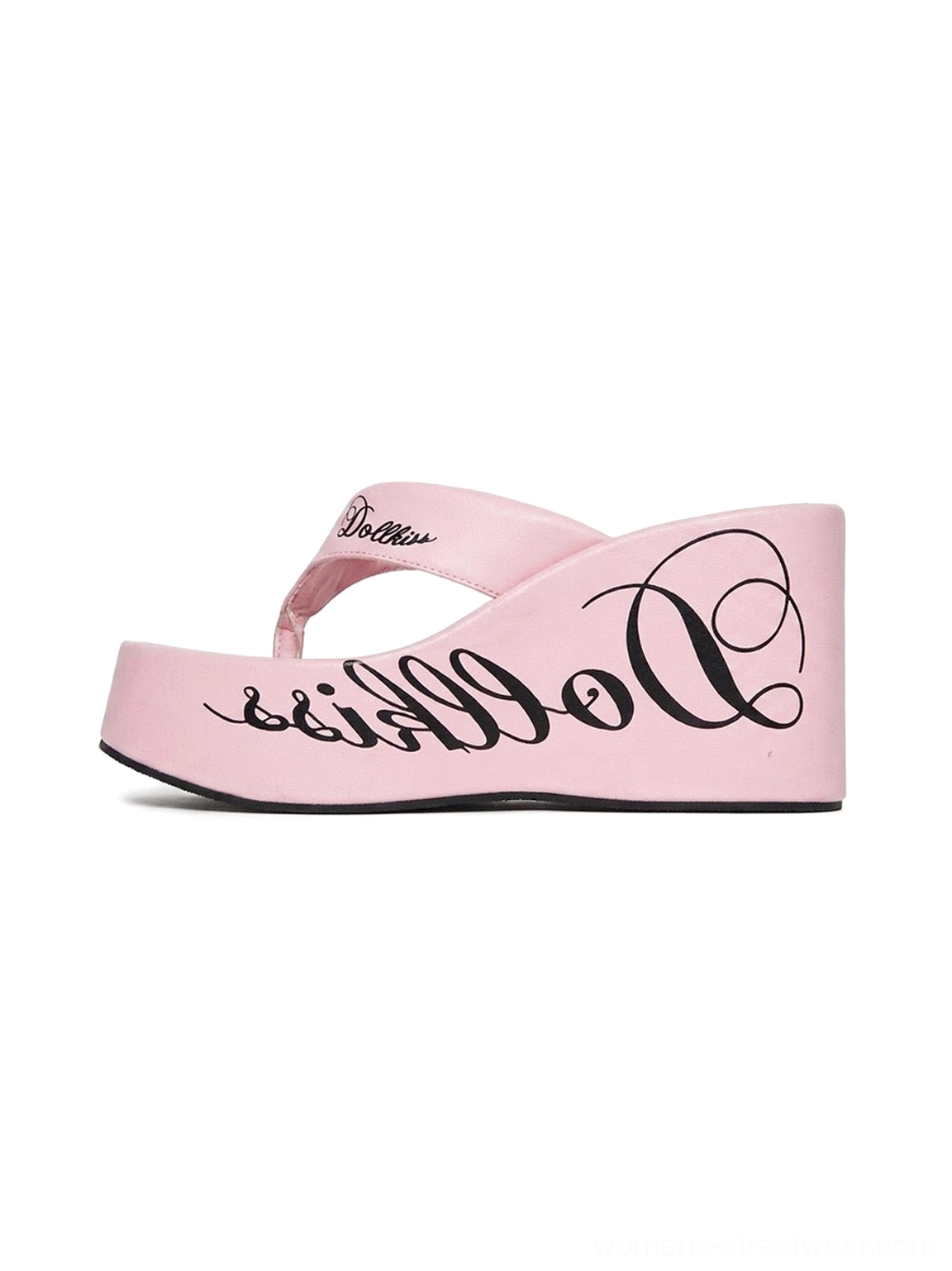 Pink Y2K logo print 10cm platform wedge flip-flops shown in left side profile view