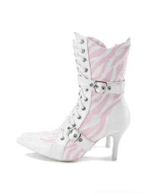 Pink zebra colorblock lace-up pointed toe stiletto ankle boot side profile with white trim and double buckle straps