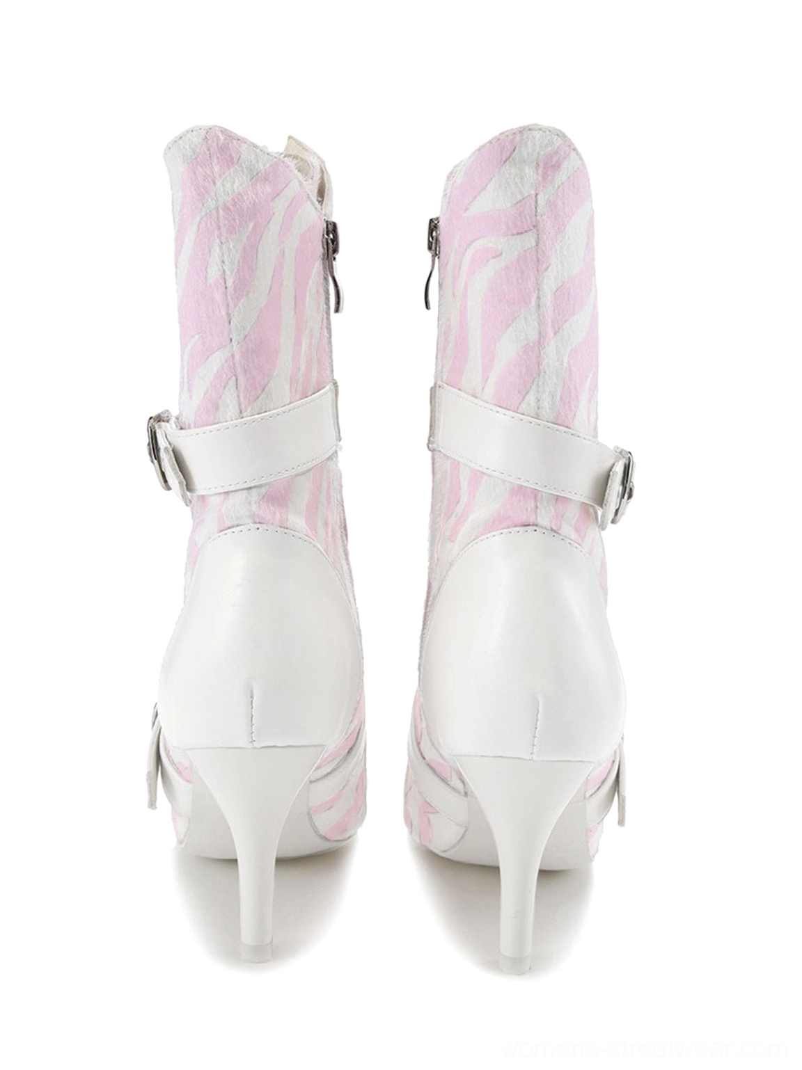 Rear view of pink zebra colorblock lace-up stiletto ankle boots showing heel structure and adjustable buckle straps