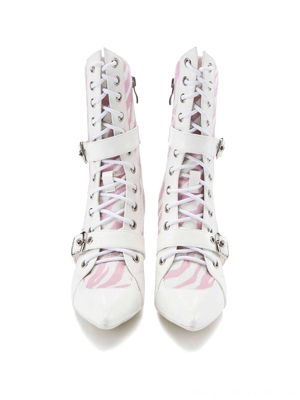 Front display of pair of pink zebra colorblock pointed toe lace-up stiletto ankle boots with buckle straps