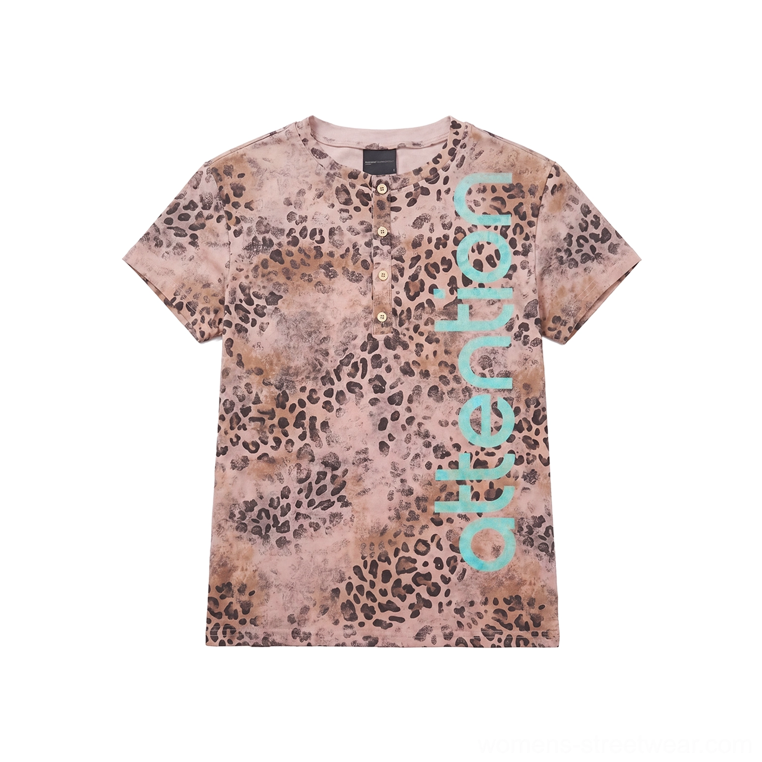 Faded leopard Henley tee available in pinkish brown with short sleeves, button placket, and attention graphic