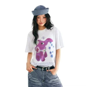 Heather white pixel elephant graphic oversized streetwear tee with purple elephant print and blue star sprites front view