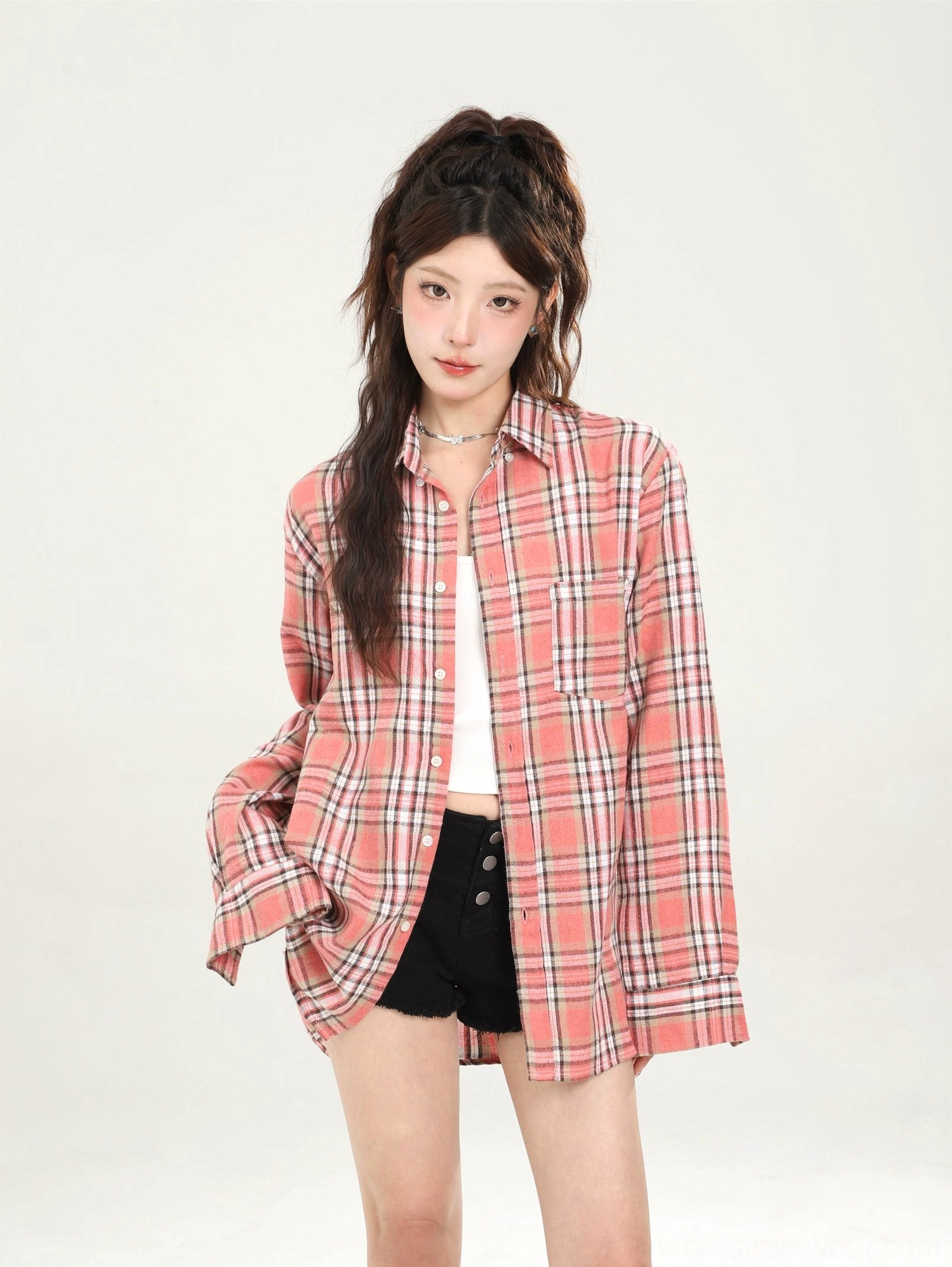 Plaid boyfriend shirt for women with vintage casual streetwear aesthetic product view 29