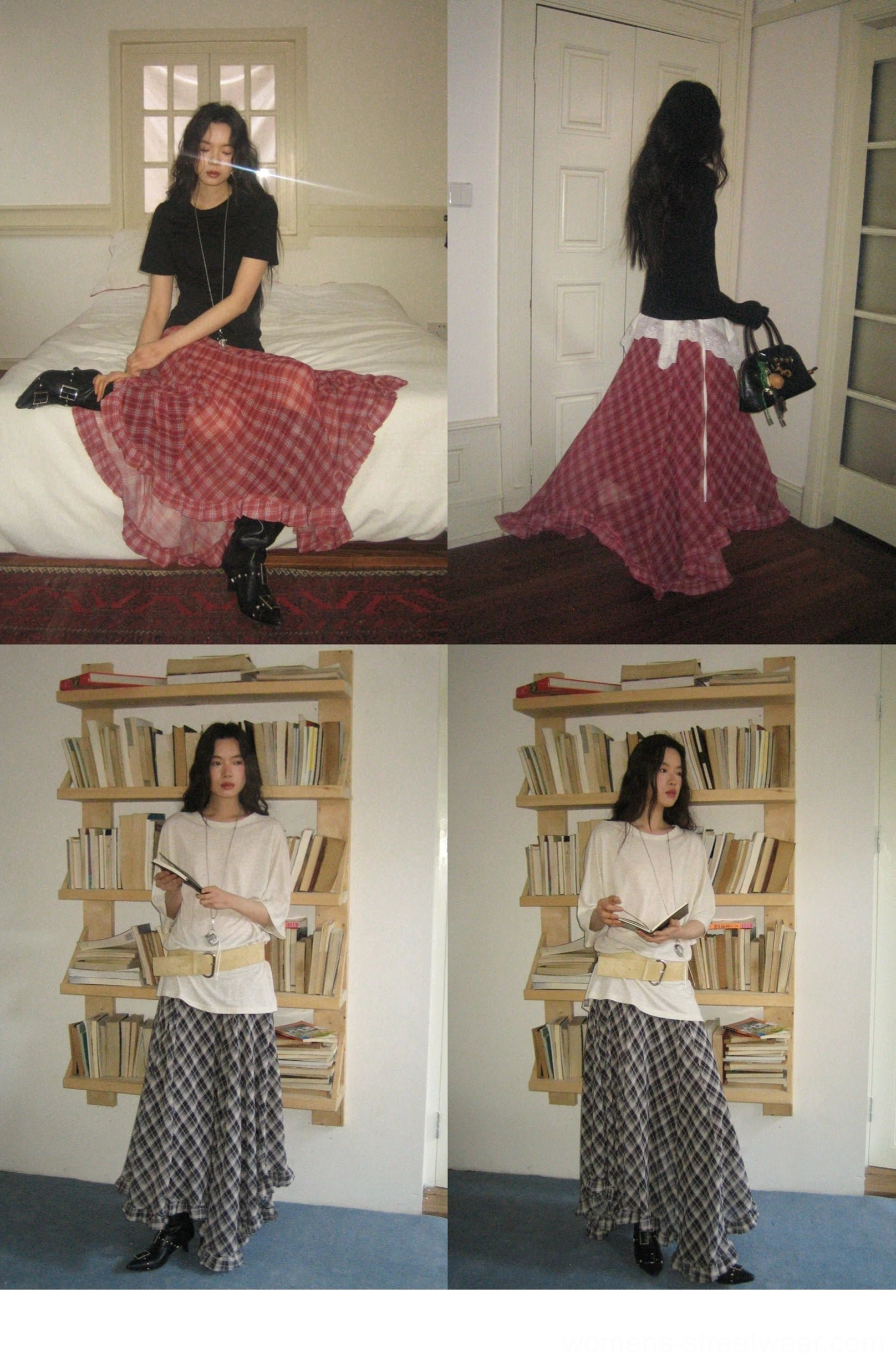 Plaid chiffon asymmetric hem skirt product image featuring a fluid layered streetwear silhouette