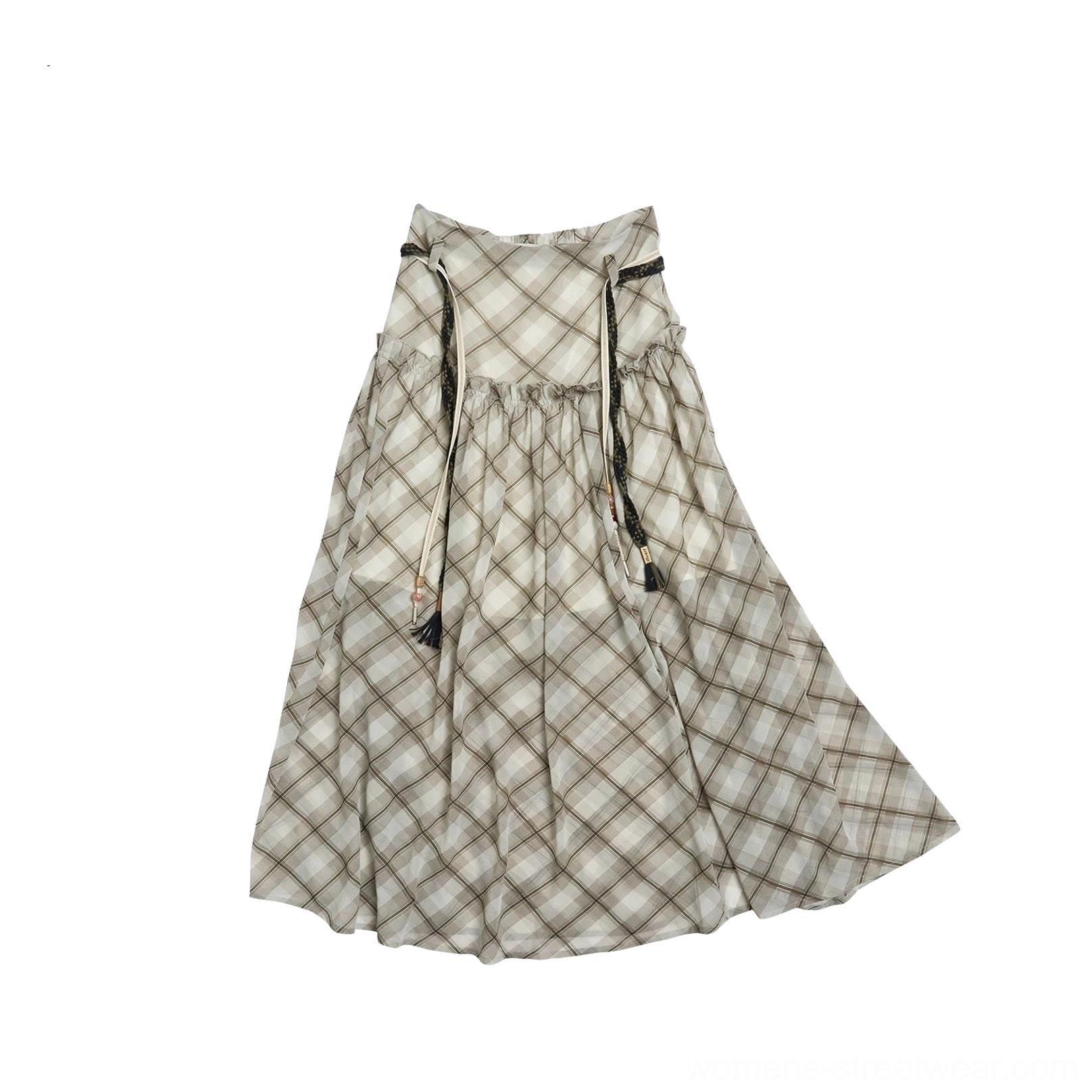 Plaid chiffon maxi skirt with tassel drawstring belt included in a neutral checkered streetwear design