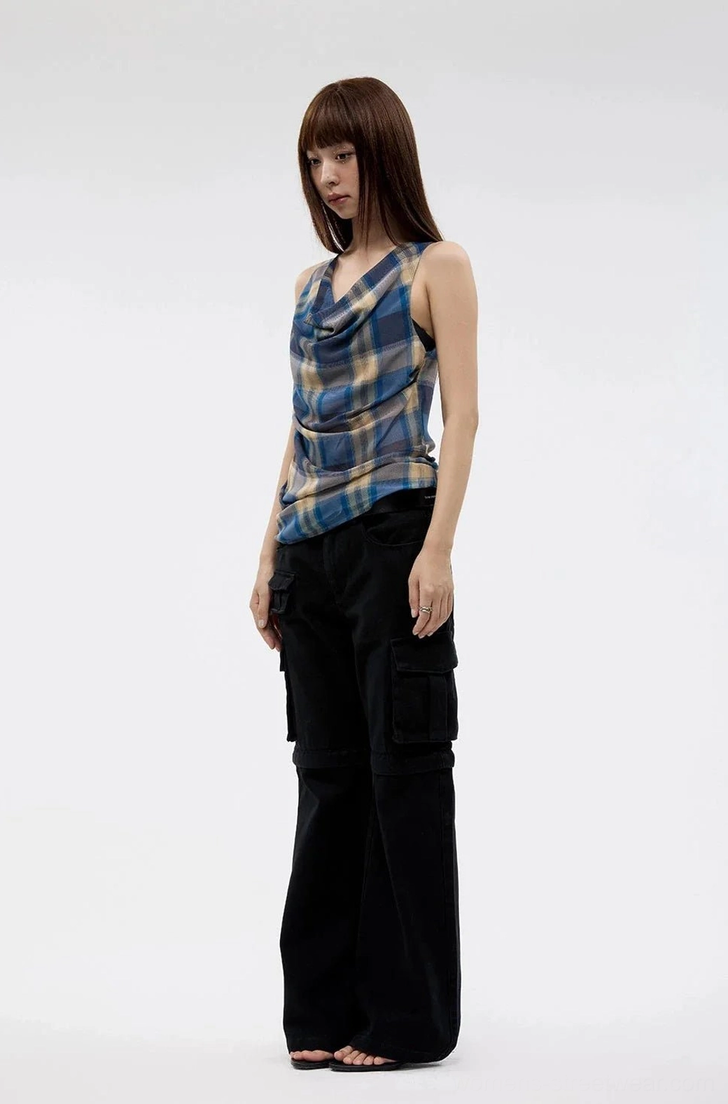 Plaid cowl neck sleeveless tank top for women Korean inspired Y2K streetwear