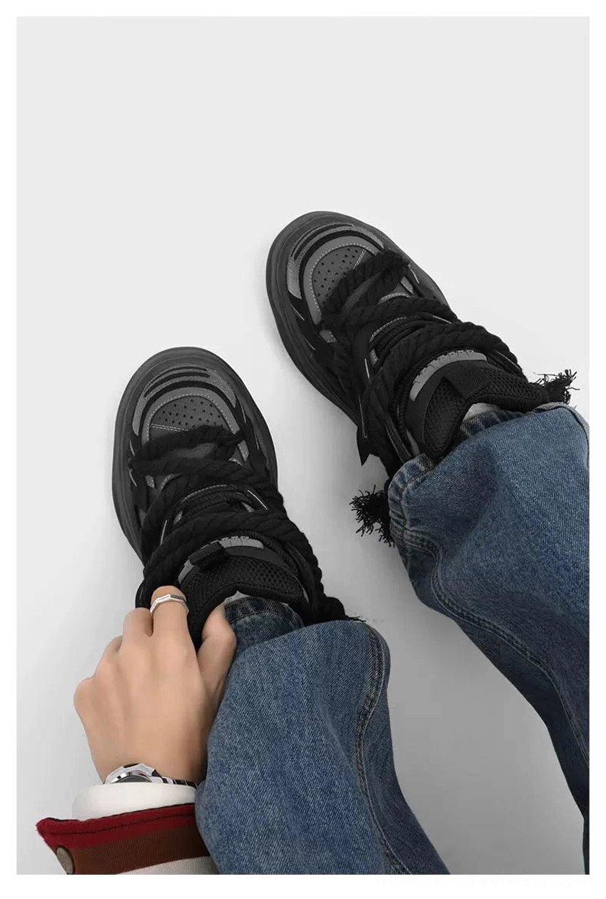 Platform rope-lace sneakers with a round toe, breathable mesh sections, microfiber leather construction, EVA cushioning, and a rugged distressed finish