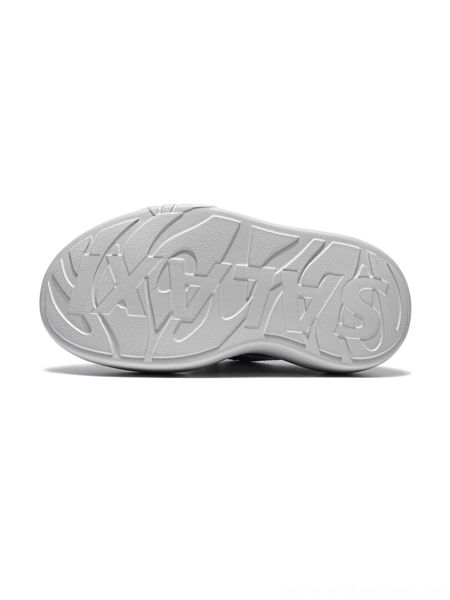 Bottom view of platform sneakers showing graffiti-inspired anti-slip outsole pattern and textured traction design