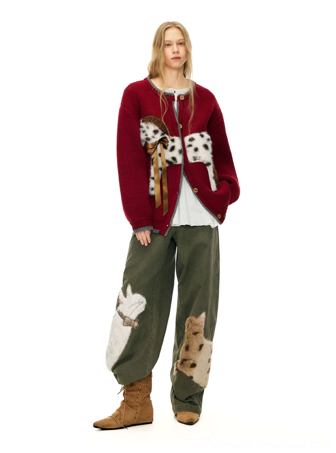 Playful burgundy pony cardigan with dimensional equestrian appliqué for Acubi inspired layering