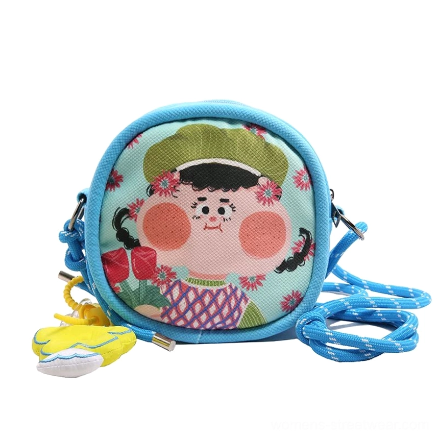 Playful cartoon character mini crossbody shoulder bag with colorful printed front and rope strap
