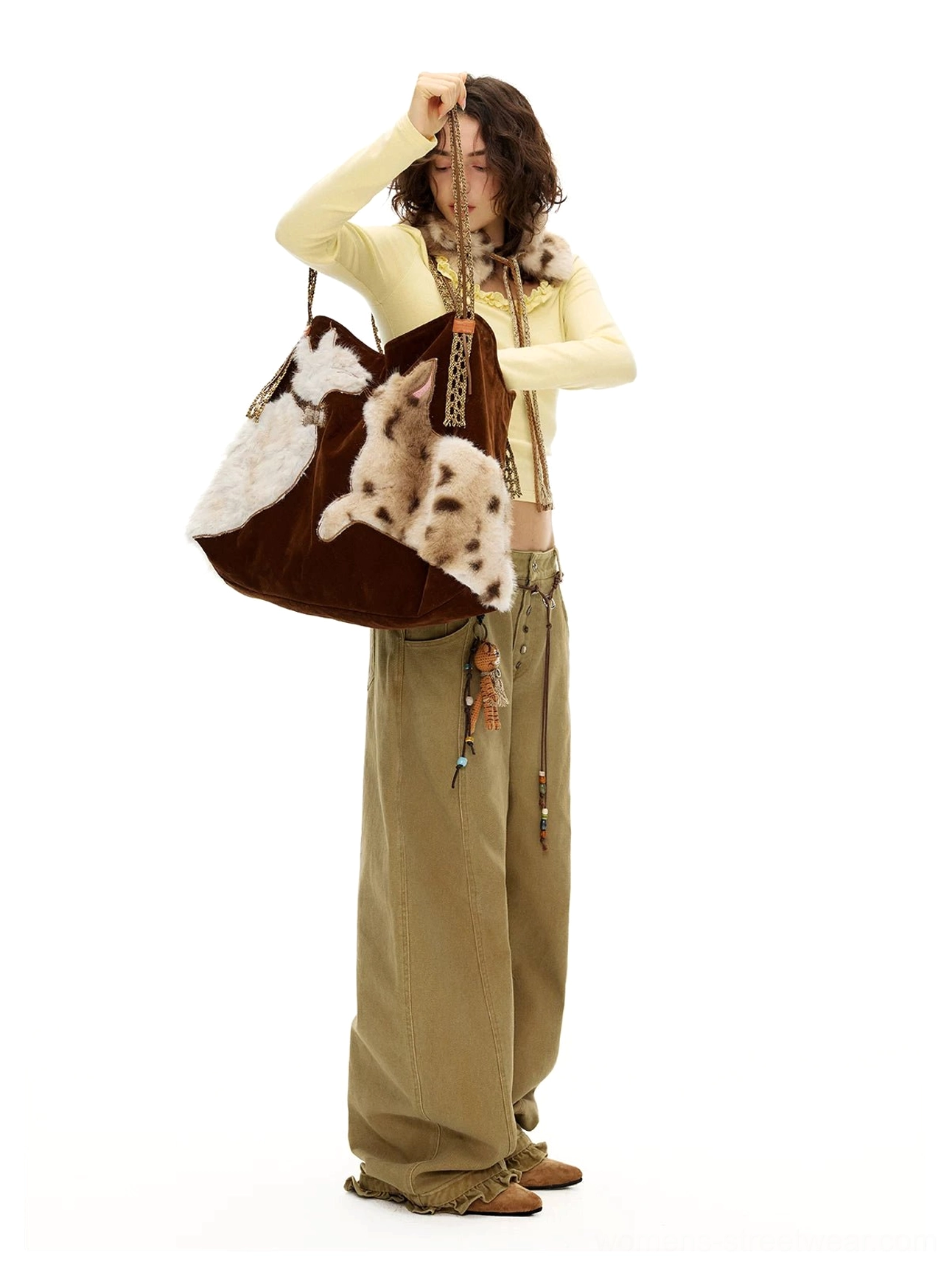 Plush cat storybook tote bag with velvety PU shell, comfortable handles, and spacious everyday carry design