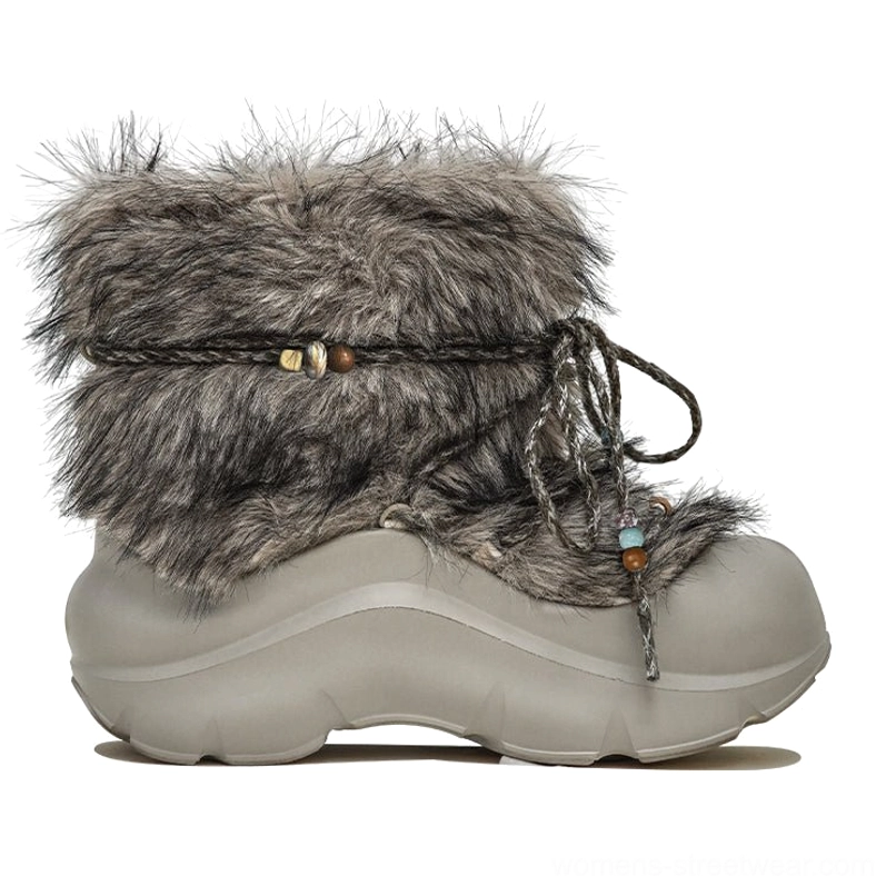 Plush faux fur beaded platform snow boots in a neutral winter colorway with bold streetwear proportions