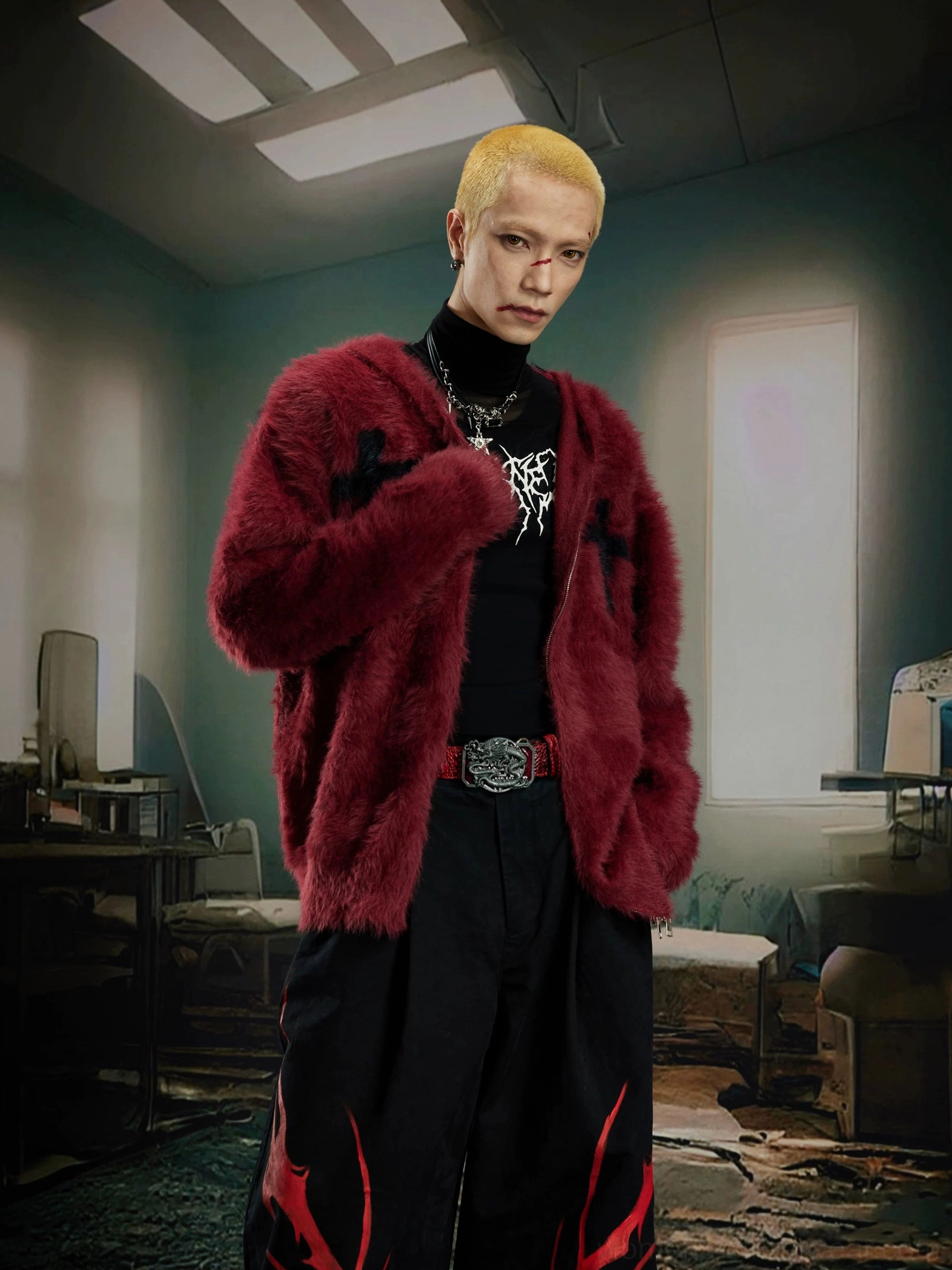 Plush faux fur hooded streetwear jacket with cross motif and oversized alternative fashion styling