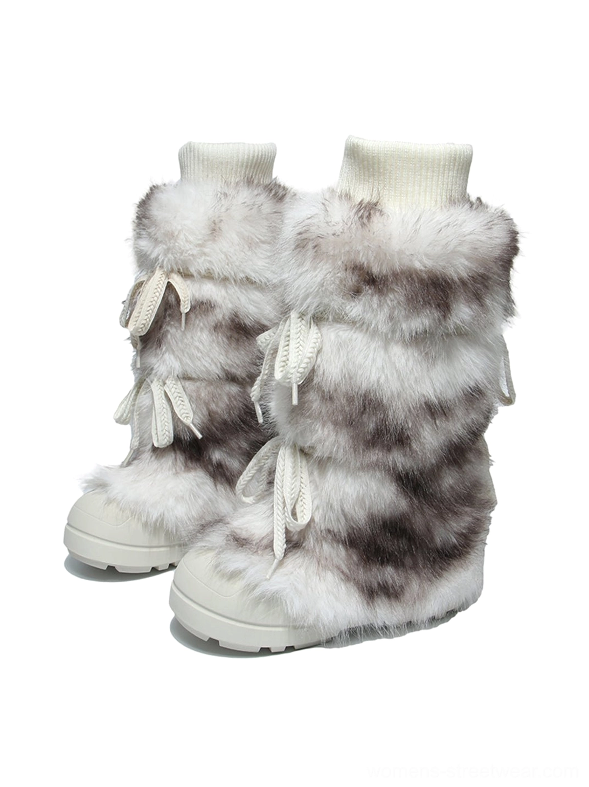 Plush-lined tall platform boots in black and white for Y2K and Seoul streetwear styling
