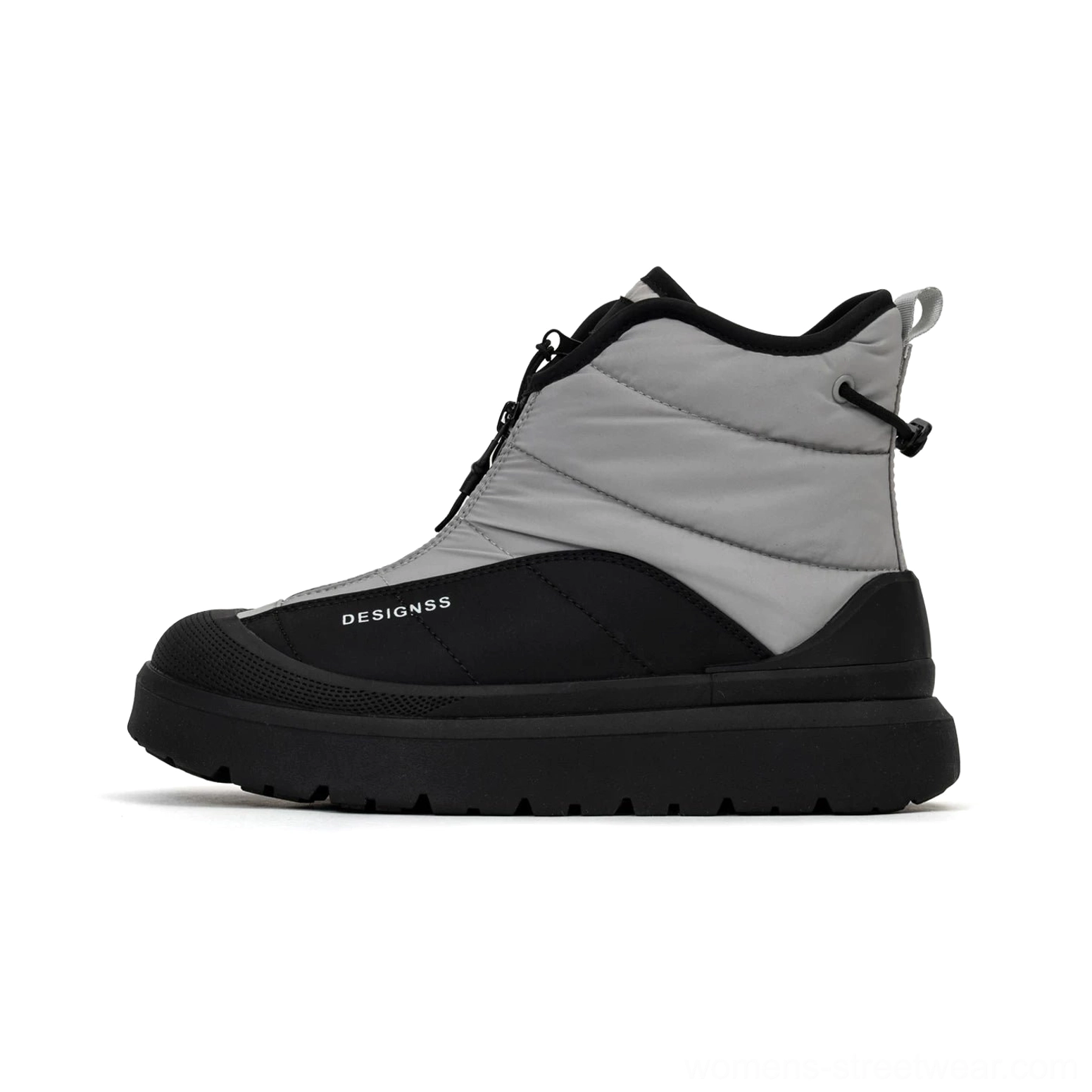 Studio profile view of Polar Flux black and gray fleece lined snow boots with quilted nylon upper, front zipper, and thick rubber outsole