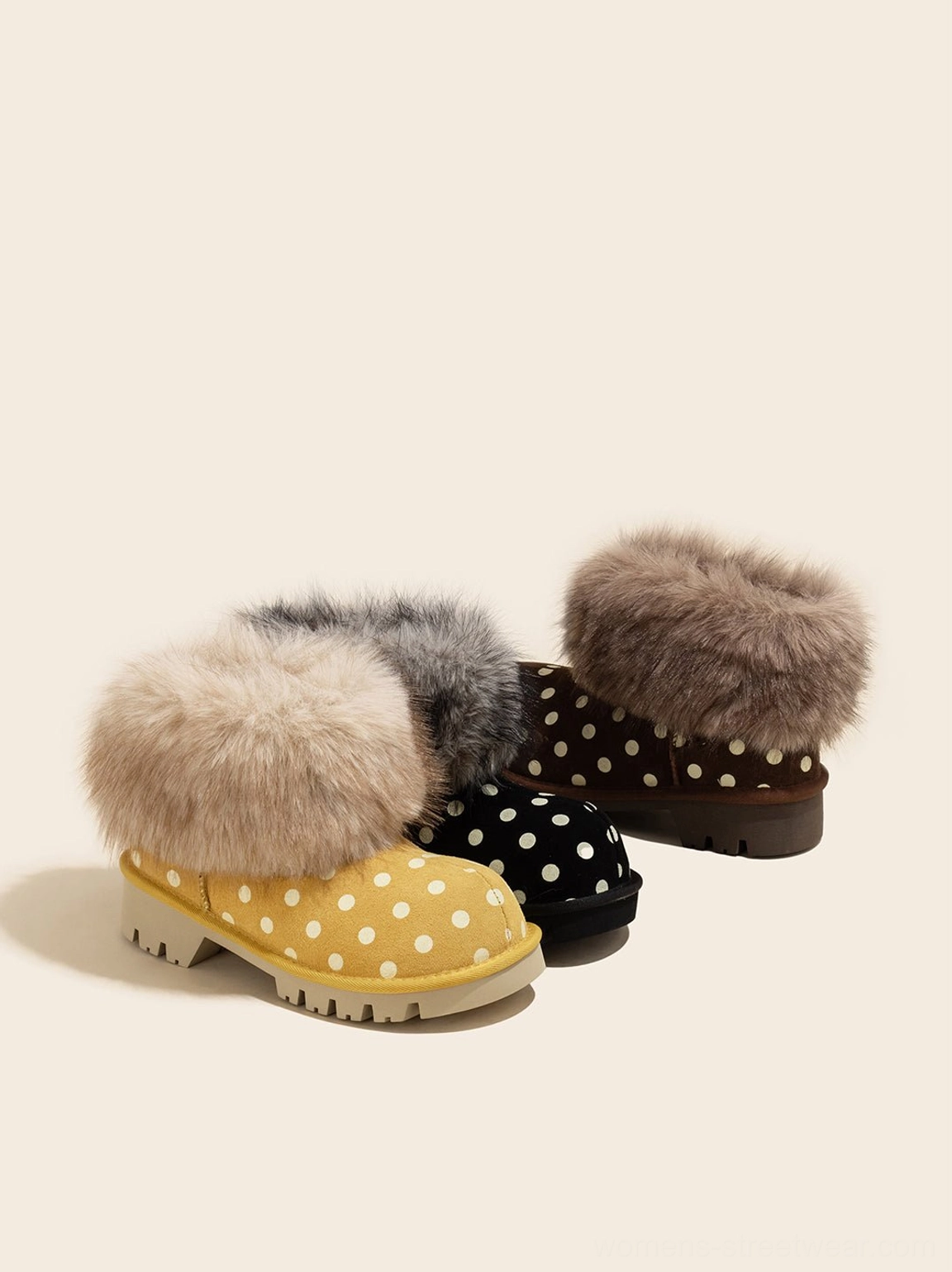 Yellow black and brown polka dot faux fur cuff platform snow boots color options group view