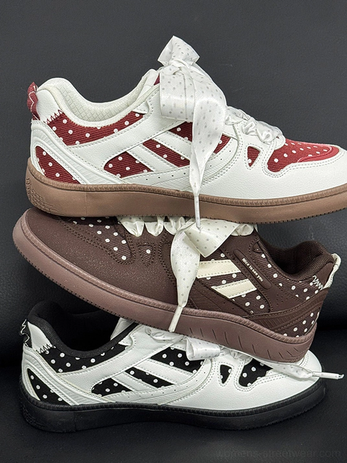 Polka dot low top sneakers with contrast panels for casual outfits, city walks, and everyday streetwear