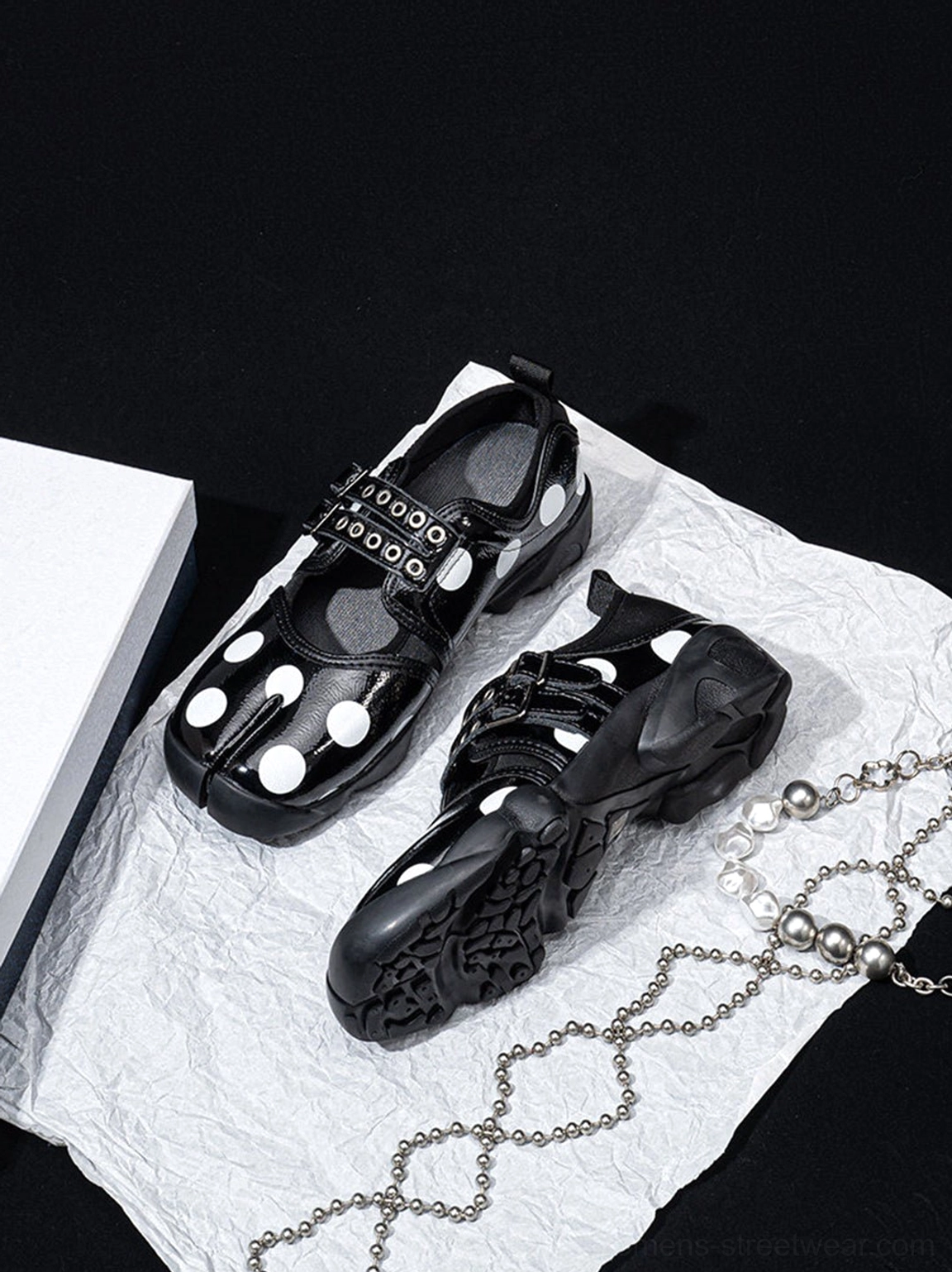 Fashion footwear view of polka dot split-toe Mary Jane sneakers for Korean streetwear outfits
