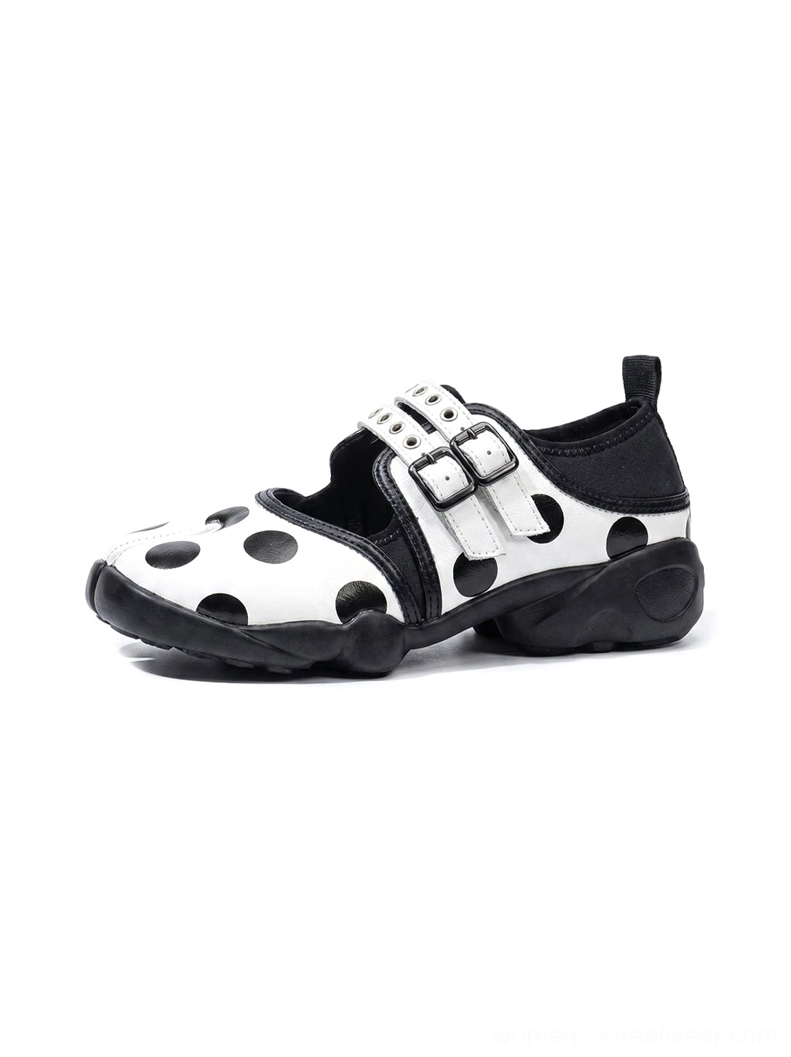 White polka dot split-toe Mary Jane sneakers with adjustable double buckle straps and chunky black rubber outsole