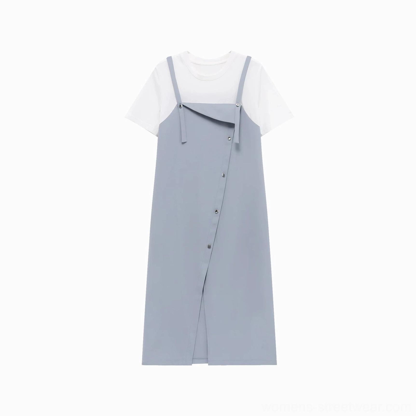 Flat lay view of a powder blue layered tee pinafore midi dress with white short-sleeve tee, adjustable shoulder straps, and side split