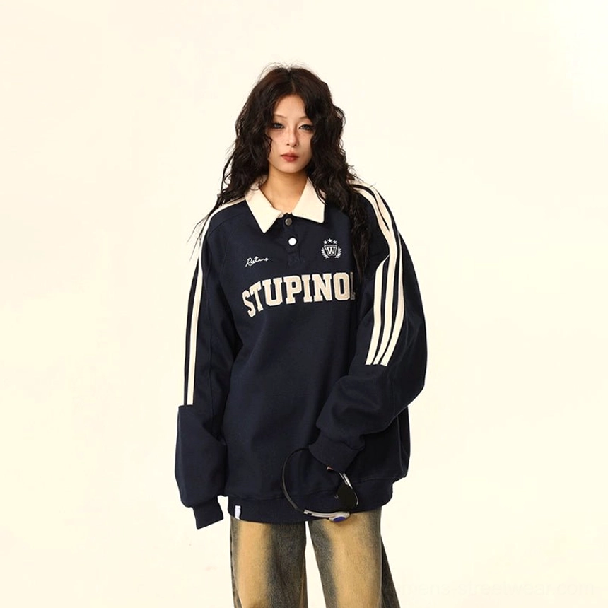 Preppy streetwear polo collar sweatshirt featuring athletic contrast details and oversized contemporary proportions