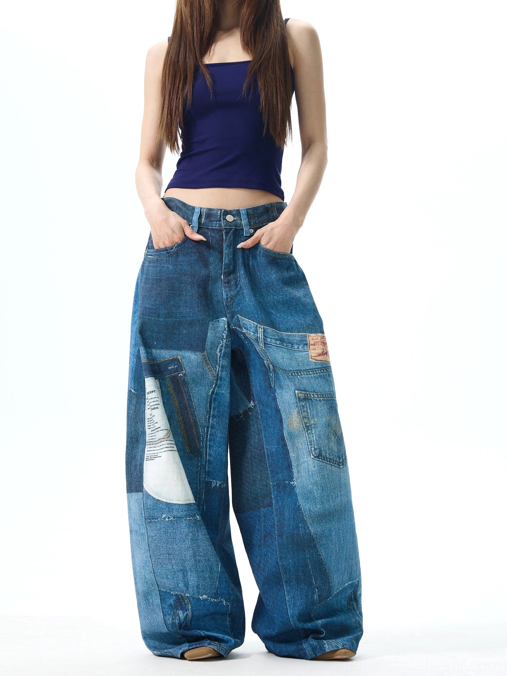 Women wide leg patchwork denim jeans with printed side pocket, distressed vintage texture, oversized baggy legs, and Korean urban streetwear styling