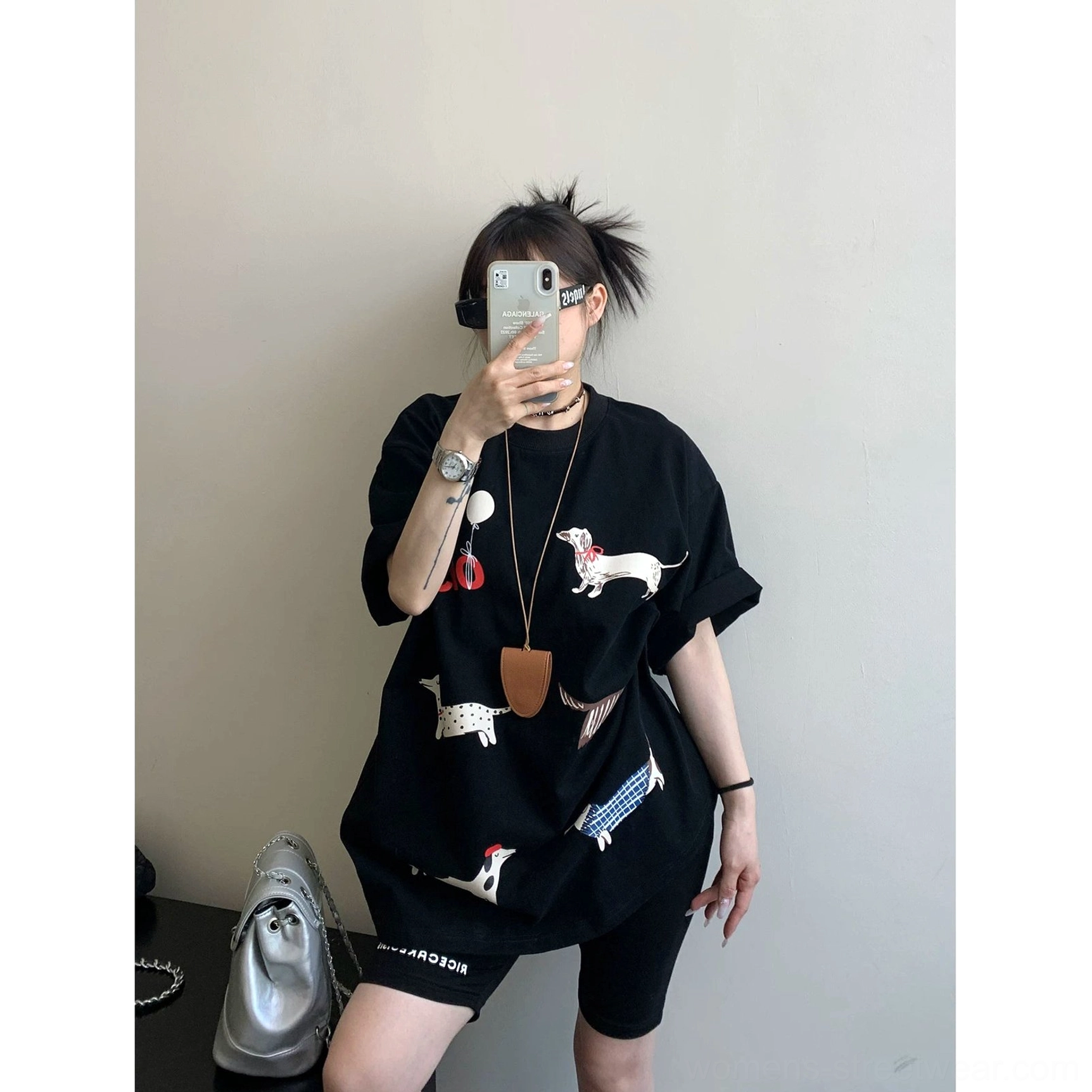 Black Puppy Parade oversized dachshund graphic T-shirt with playful dog illustrations and loose fit