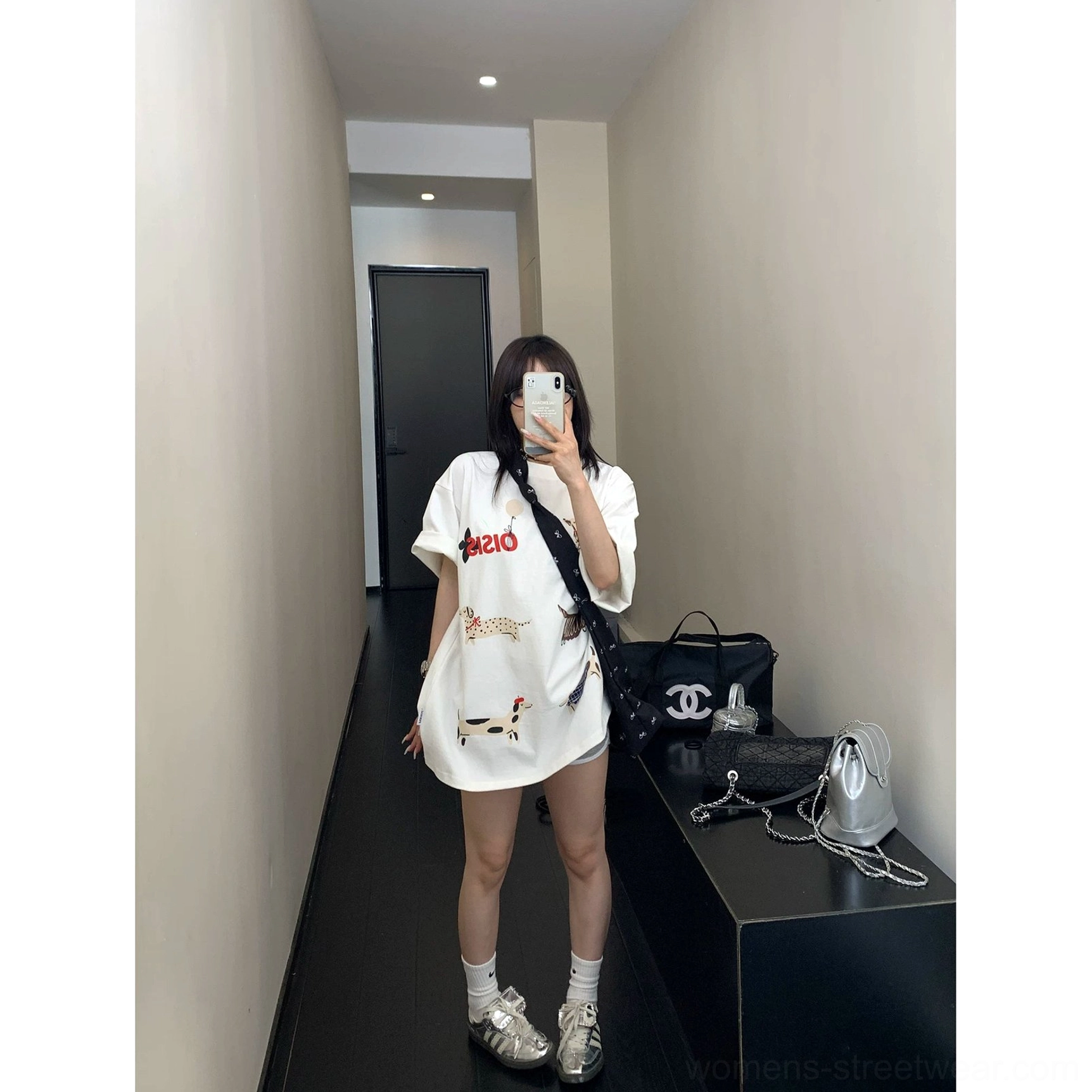 White Puppy Parade oversized dachshund graphic T-shirt full length tee dress streetwear styling