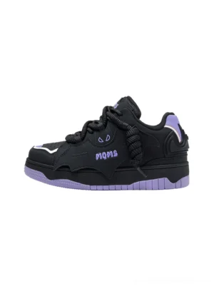 Black and purple bat graphic platform skate sneakers shown from a side rear angle with chunky round laces, purple heel trim, wing-inspired details, and a bold streetwear silhouette