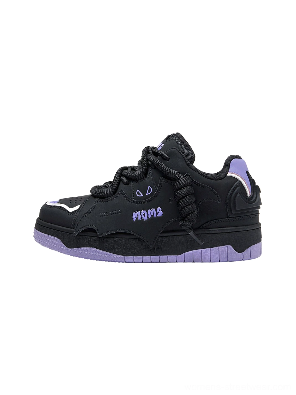 Black and purple bat graphic platform skate sneakers shown from a side rear angle with chunky round laces, purple heel trim, wing-inspired details, and a bold streetwear silhouette