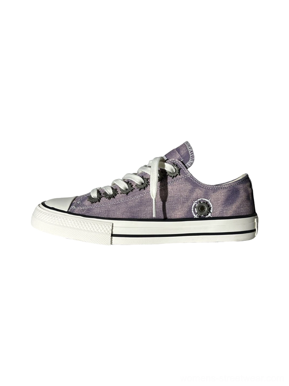 Purple distressed low-top skate sneaker shown in left side profile with faded upper white midsole black accent stripe and heel detail