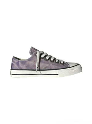 Purple distressed low-top skate sneakers shown in right side profile with washed tie-dye upper white laces rubber toe cap and streetwear styling