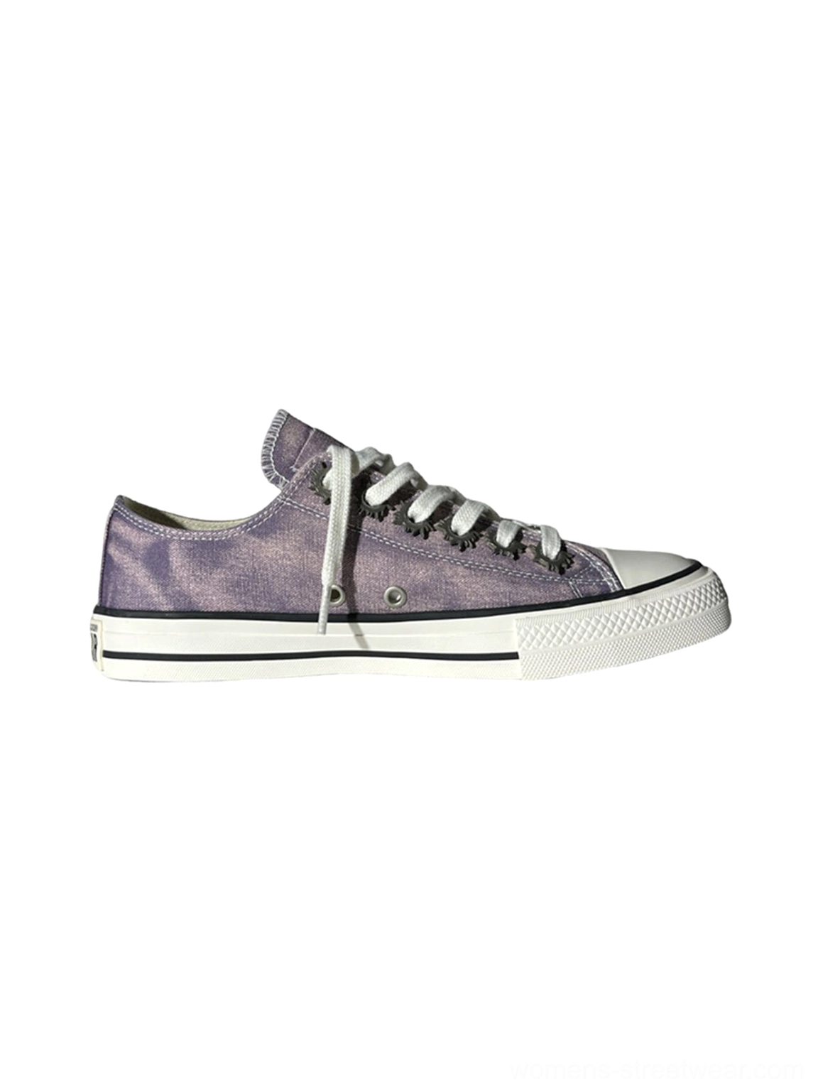 Purple distressed low-top skate sneakers shown in right side profile with washed tie-dye upper white laces rubber toe cap and streetwear styling