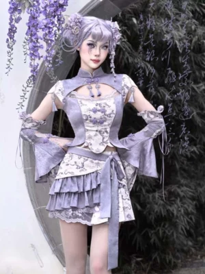 Purple dragon porcelain ruffle wrap skirt styled as part of a Chinese Lolita inspired two-piece streetwear outfit