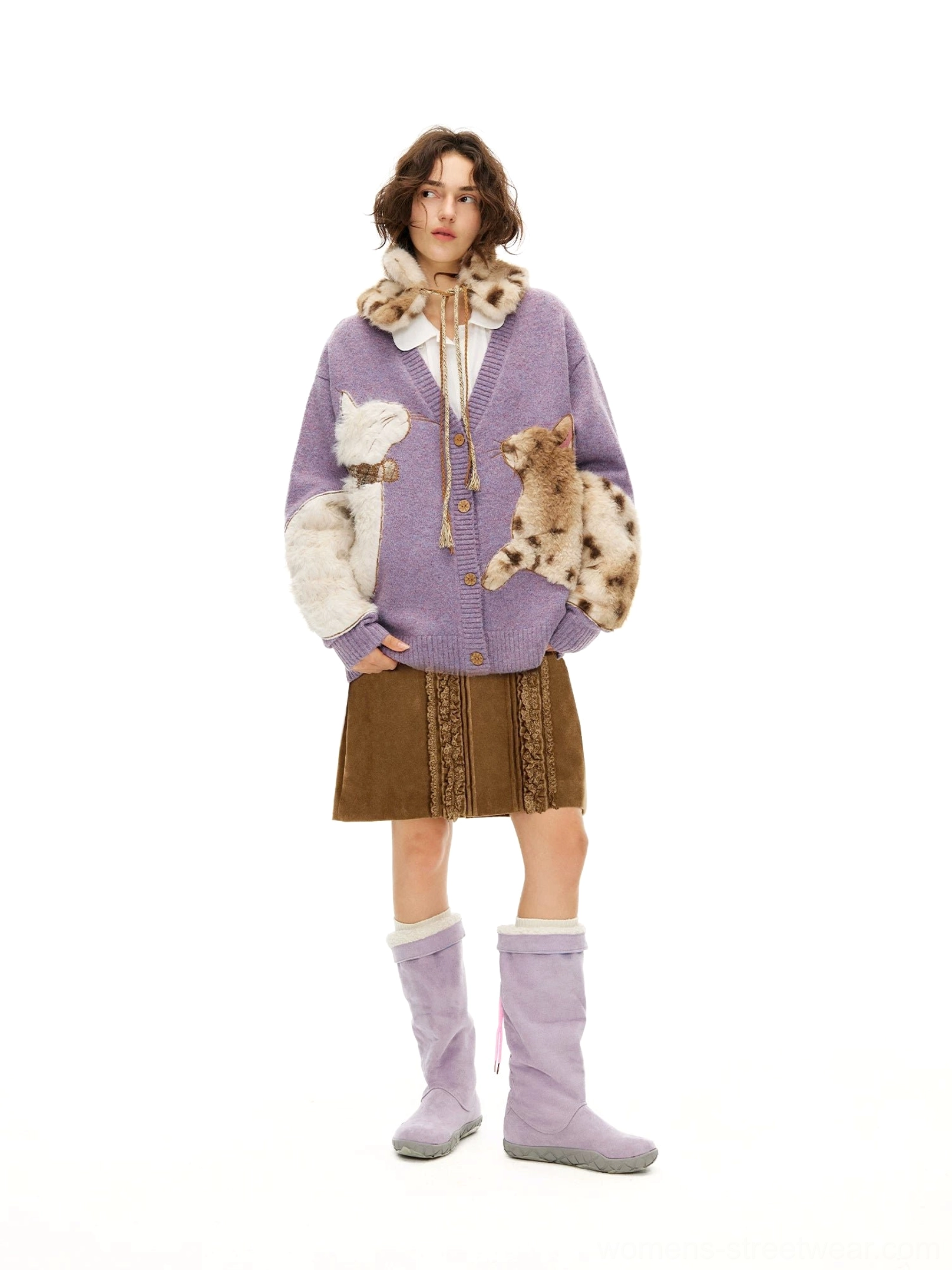 Purple fuzzy cat cardigan full front view with dual plush animal decorations, ribbed trims, cozy knit texture, brown corduroy skirt, and lavender boots