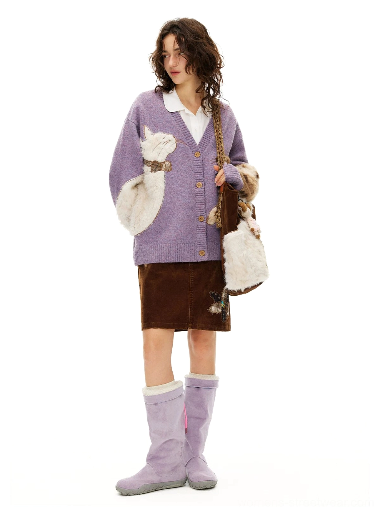 Purple fuzzy cat knit cardigan with dimensional animal appliques, statement faux-fur collar, ribbed cuffs, and cozy Korean fashion styling