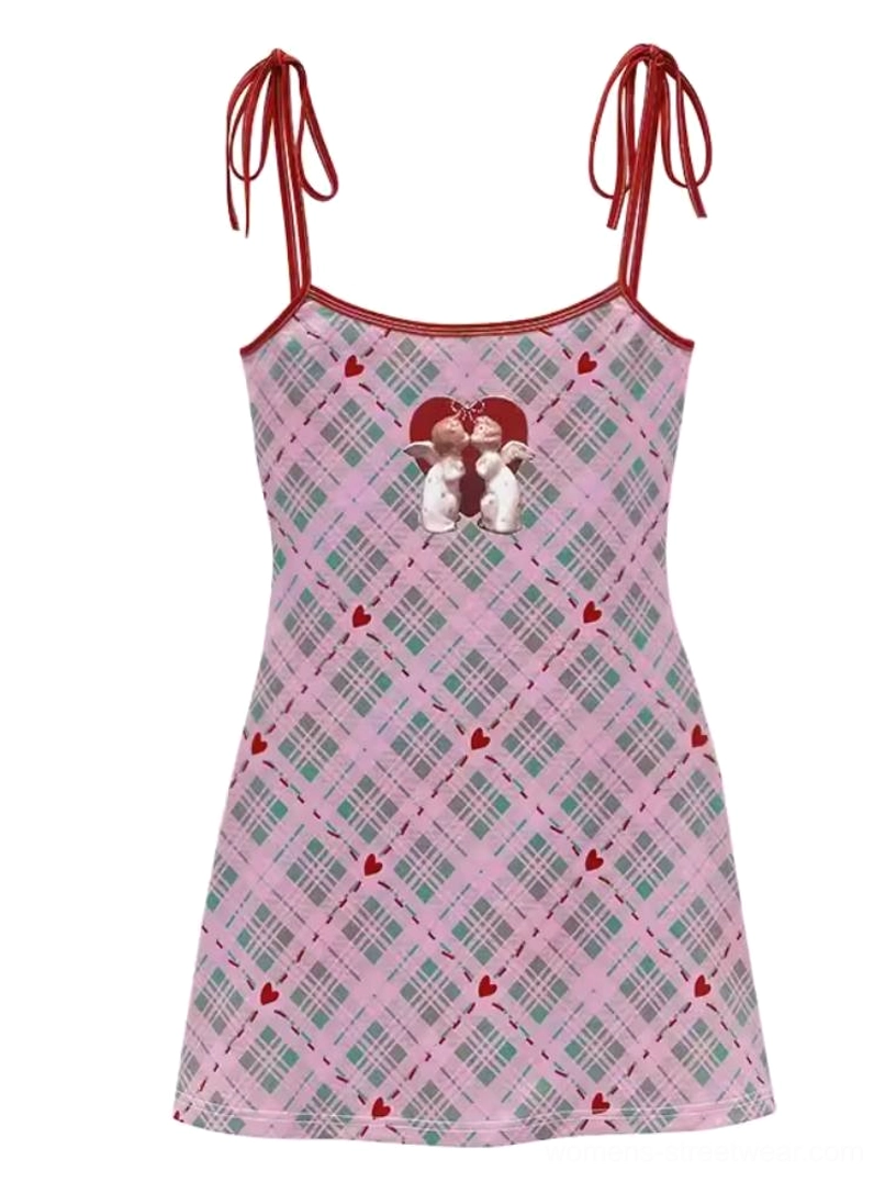 Purple gingham angel graphic cami mini dress with red tie straps and Korean streetwear styling