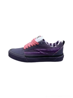 Purple gingham tongue platform skate shoes with pink laces and glossy side stripe left side profile on white background