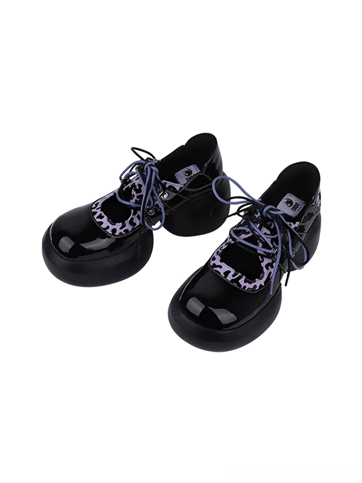 Chunky black patent platform Oxford shoes with purple leopard accents and blue-purple laces