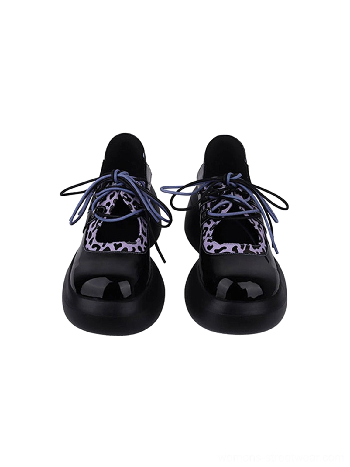 Purple leopard patent lace-up platform Oxford shoes detailed product view in glossy black