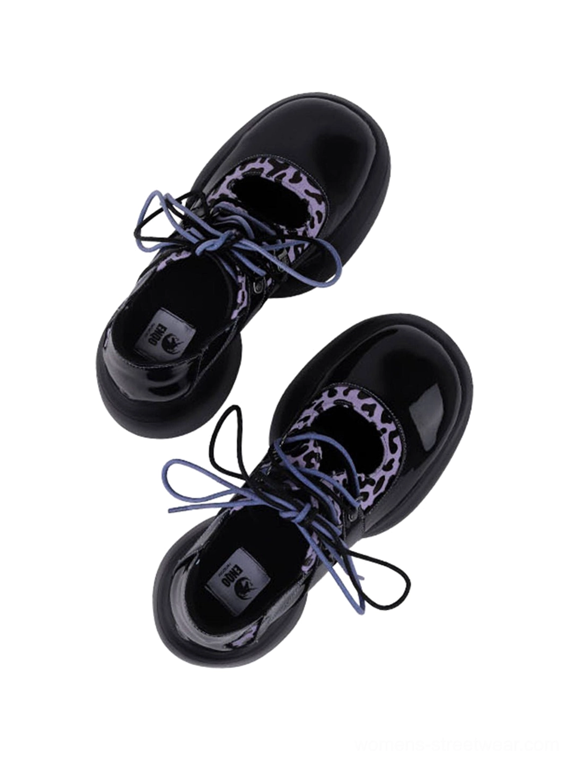 Glossy black lace-up platform Oxford shoes with bold purple leopard trim product detail view